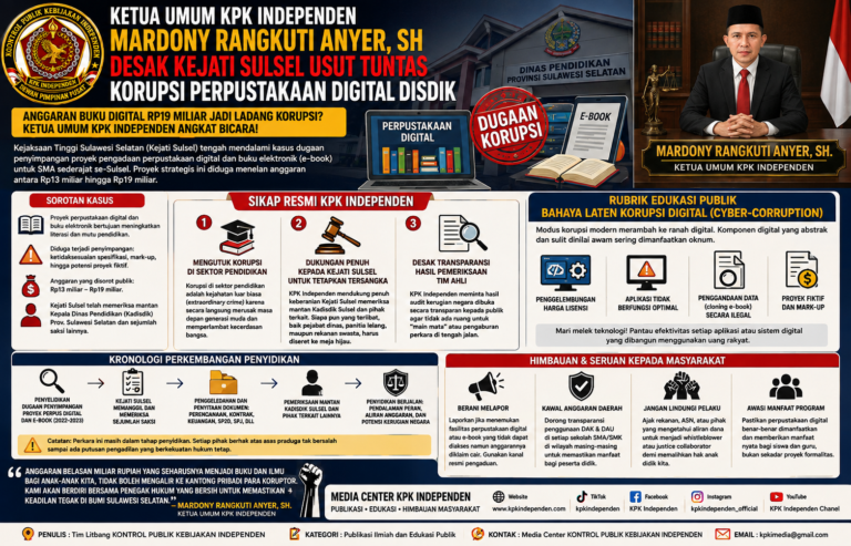 Kawal Tuntas Dugaan Penyimpangan Perpustakaan Digital Disdik Sulsel: KPK Independen Dorong Transparansi dan Akuntabilitas Anggaran Pendidikan