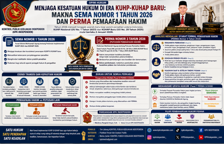 MENJAGA KESATUAN HUKUM DI ERA KUHP–KUHAP BARU: MAKNA SEMA NOMOR 1 TAHUN 2026 DAN PERMA NOMOR 3 TAHUN 2026 TENTANG PUTUSAN PEMAAFAN HAKIM.