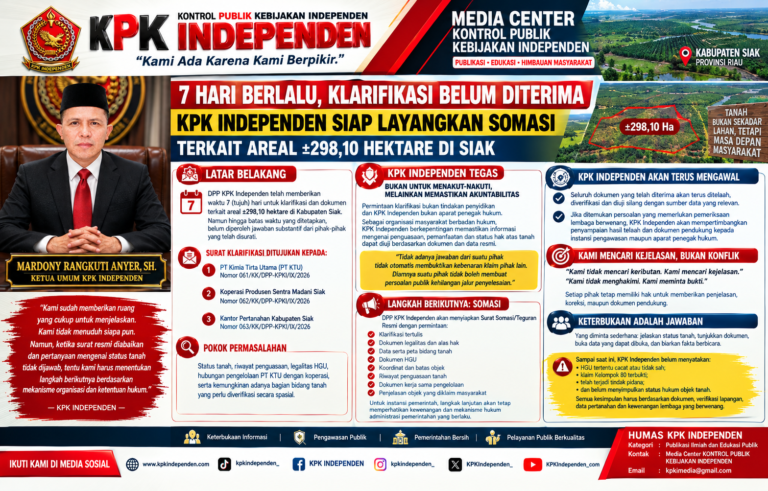 7 HARI BERLALU, KLARIFIKASI BELUM DITERIMA: KPK INDEPENDEN SIAP TEMPUH LANGKAH SOMASI TERKAIT AREAL ±298,10 HEKTARE DI SIAK