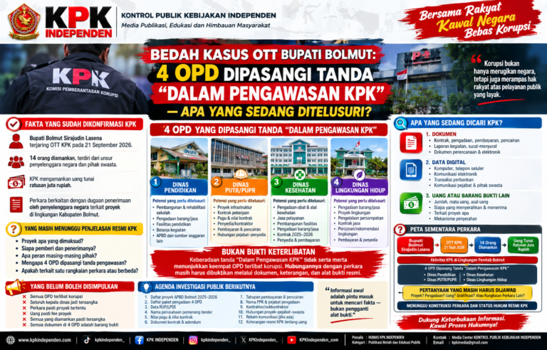 BEDAH KASUS OTT BUPATI BOLMUT: 4 OPD DIPASANGI TANDA “DALAM PENGAWASAN KPK” — APA YANG SEDANG DITELUSURI?