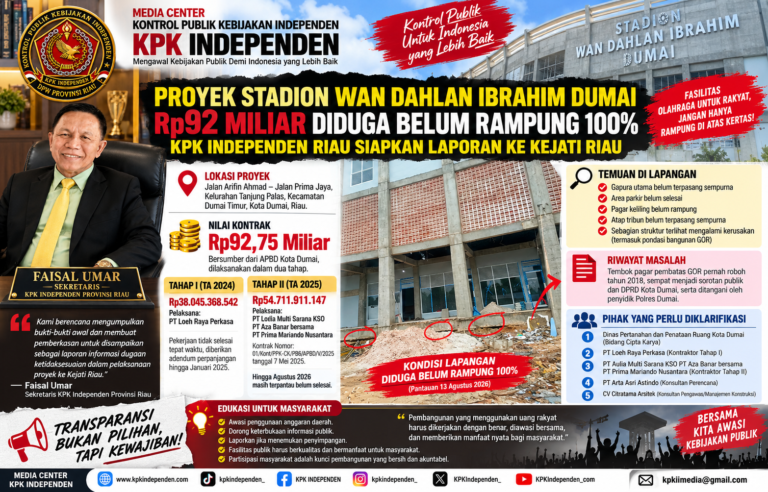 KPK INDEPENDEN RIAU SIAPKAN LAPORAN KE KEJATI RIAU: DIDUGA PROYEK STADION WAN DAHLAN IBRAHIM DUMAI RP92 MILIAR BELUM RAMPUNG 100%.