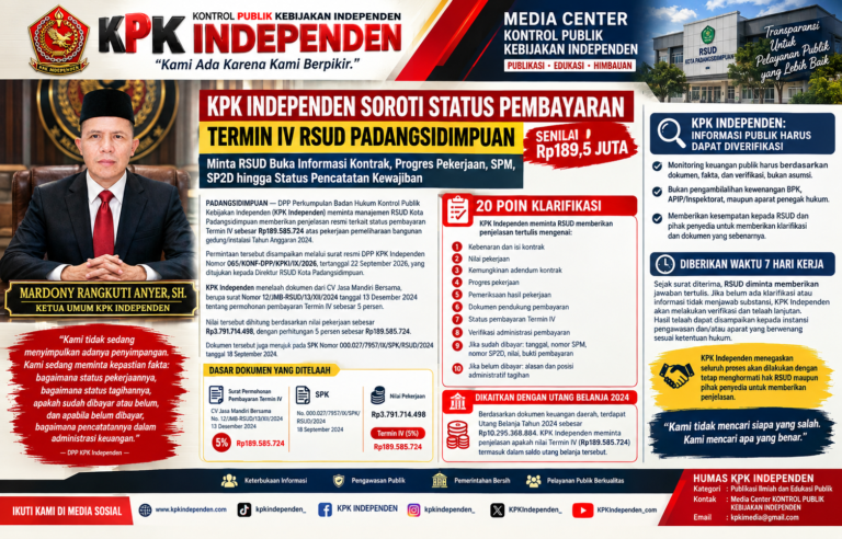 KPK INDEPENDEN SOROTI STATUS PEMBAYARAN TERMIN IV RSUD PADANGSIDIMPUAN SENILAI RP189,5 JUTA