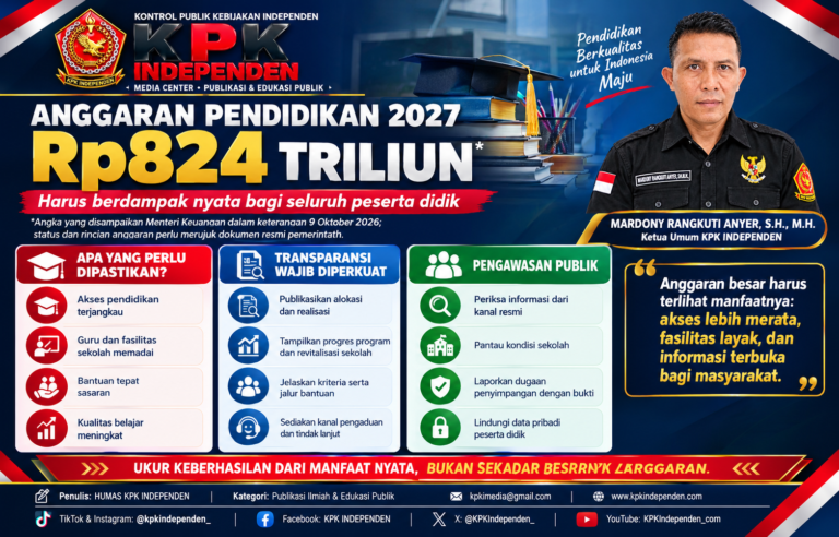 ANGGARAN PENDIDIKAN 2027 DIPROYEKSIKAN RP824 TRILIUN, KPK INDEPENDEN DESAK TRANSPARANSI DAN AKSES PENDIDIKAN YANG MERATA.