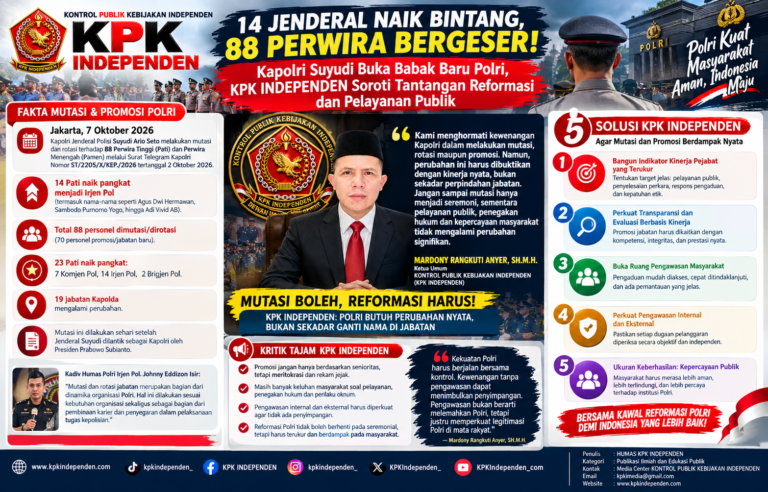 14 Jenderal Naik Bintang, 88 Perwira Bergeser! Kapolri Suyudi Buka Babak Baru Polri, KPK INDEPENDEN Soroti Tantangan Reformasi dan Pelayanan Publik.